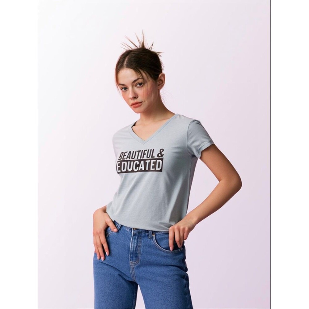 Women's "Beautiful & Educated" V-Neck Graphic T-Shirt - Large